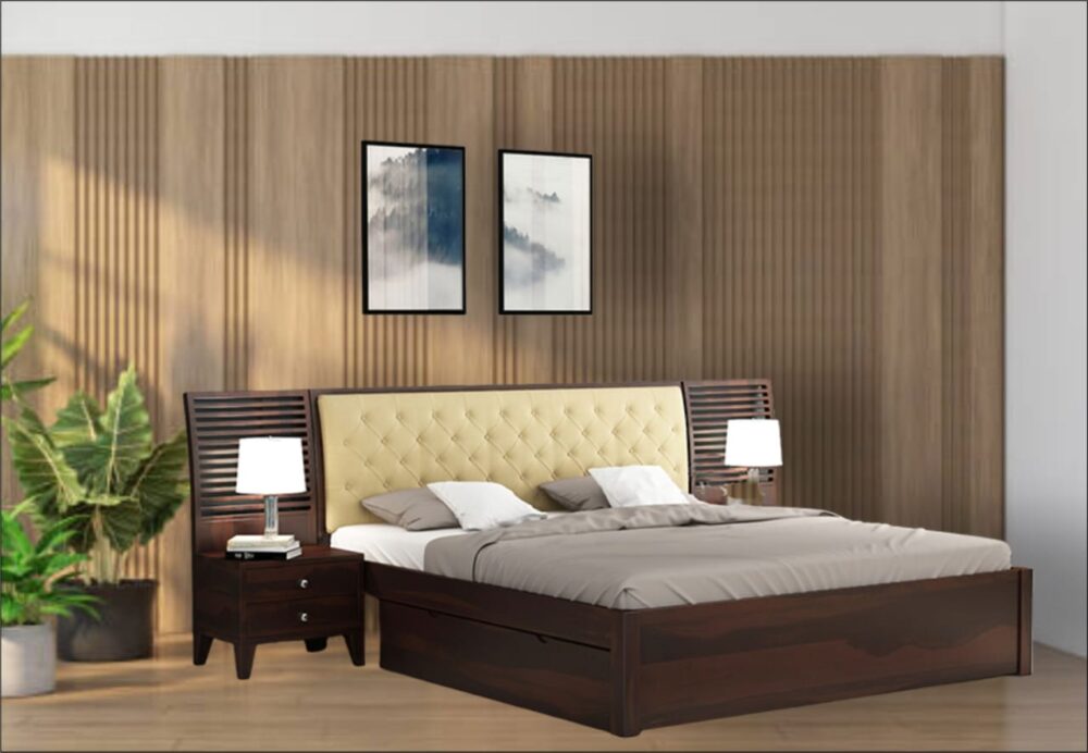 Elegant Sleep : Wooden Bed with Side Tables